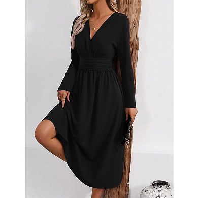 Women's Summer Long Sleeve Casual Dresses V Neck Solid Color Party Dress