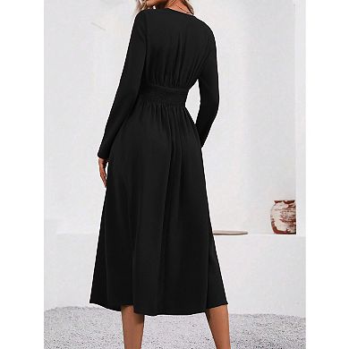 Women's Summer Long Sleeve Casual Dresses V Neck Solid Color Party Dress