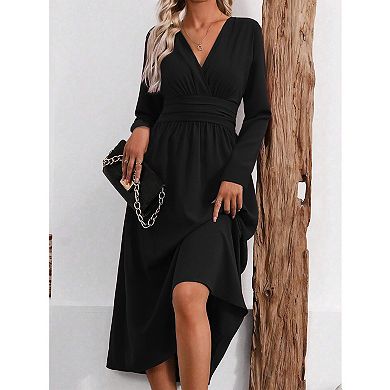 Women's Summer Long Sleeve Casual Dresses V Neck Solid Color Party Dress