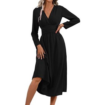 Women's Summer Long Sleeve Casual Dresses V Neck Solid Color Party Dress