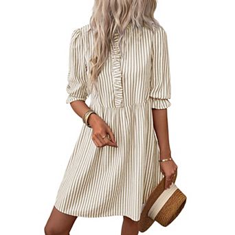 Striped Dress for Women Vertical Stripes Ruffle Collar Puff Sleeve Short Summer Casual Dress