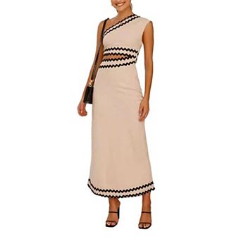 One Shoulder Sleeveless Long Bodycon Dress Side Cutout Waist Slim Fit Maxi Dresses with Wave Trim