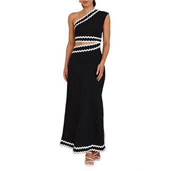 One Shoulder Sleeveless Long Bodycon Dress Side Cutout Waist Slim Fit Maxi Dresses with Wave Trim