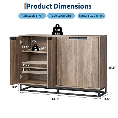 55" Sideboard Buffet Cabinet - 4 Doors & Adjustable Shelves, Multi-Scene Storage for Dining Room