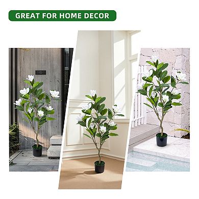 2 Pack 3.7ft Artificial Magnolia Tree - Realistic Leaves & Blooms Potted Fake Floral Tree for Decor