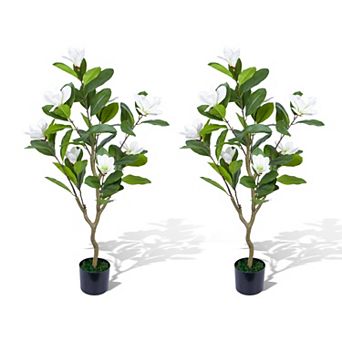 2 Pack 3.7ft Artificial Magnolia Tree - Realistic Leaves & Blooms Potted Fake Floral Tree for Decor
