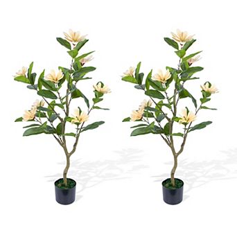 2 Pack 3.7ft Artificial Magnolia Tree - Realistic Leaves & Blooms Potted Fake Floral Tree for Decor