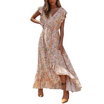 V Neck Printed Dress with Single Button Irregular Hem Waist Tie Ruffle Sleeve Long Dresses