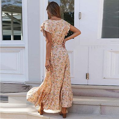V Neck Printed Dress with Single Button Irregular Hem Waist Tie Ruffle Sleeve Long Dresses