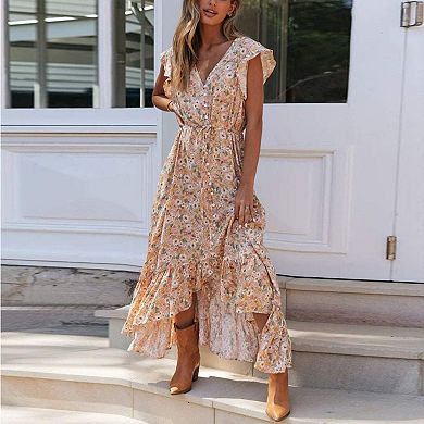 V Neck Printed Dress with Single Button Irregular Hem Waist Tie Ruffle Sleeve Long Dresses