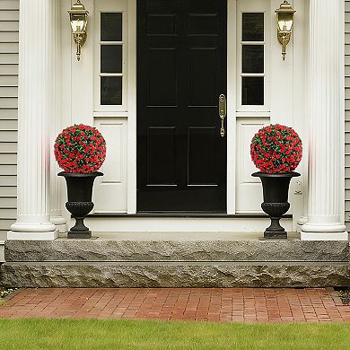 2 Pack Artificial Rose Topiary Ball Tree - UV Resistant with Ground Spike for Indoor & Outdoor Decor