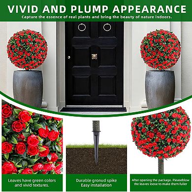 2 Pack Artificial Rose Topiary Ball Tree - UV Resistant with Ground Spike for Indoor & Outdoor Decor