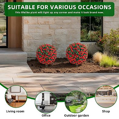 2 Pack Artificial Rose Topiary Ball Tree - UV Resistant with Ground Spike for Indoor & Outdoor Decor