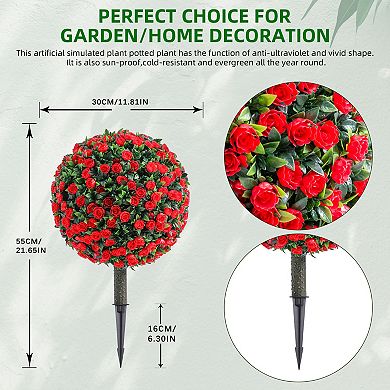 2 Pack Artificial Rose Topiary Ball Tree - UV Resistant with Ground Spike for Indoor & Outdoor Decor