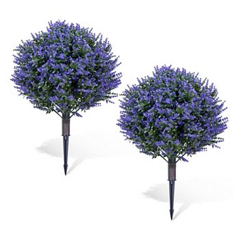 2 Pack 23.6'' Artificial Lavender Topiary Ball Tree -UV Resistant with Ground Spike for Garden Decor
