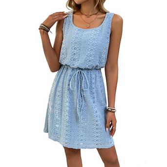 Women's Lace Hollow Out Sleeveless Drawstring Waist Mini Dress Square Neck Summer Casual Short Dress