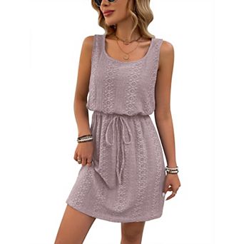 Women's Lace Hollow Out Sleeveless Drawstring Waist Mini Dress Square Neck Summer Casual Short Dress