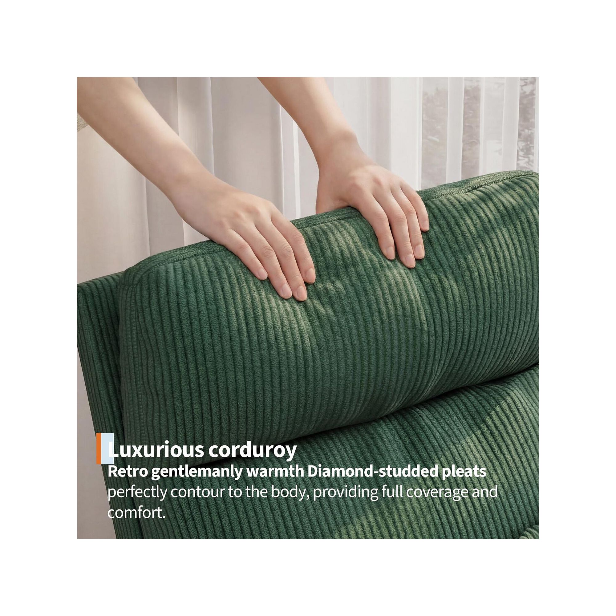 Close-up of green fabric with diamond-studded pleats on back cushion