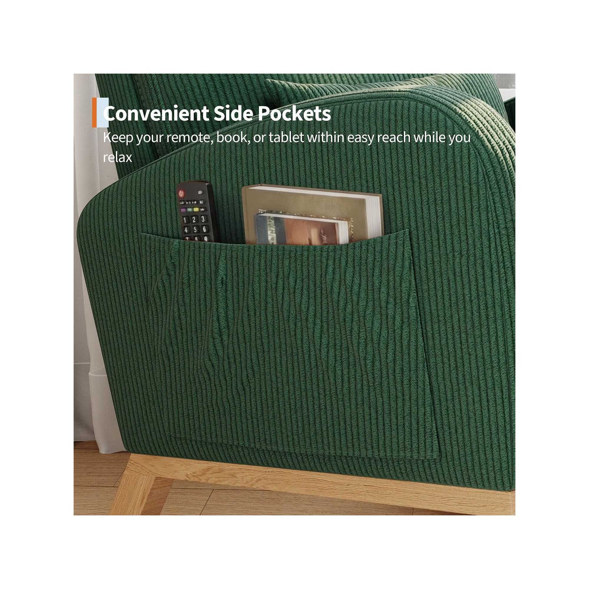 Back pocket on green rocking chair containing a remote and magazine