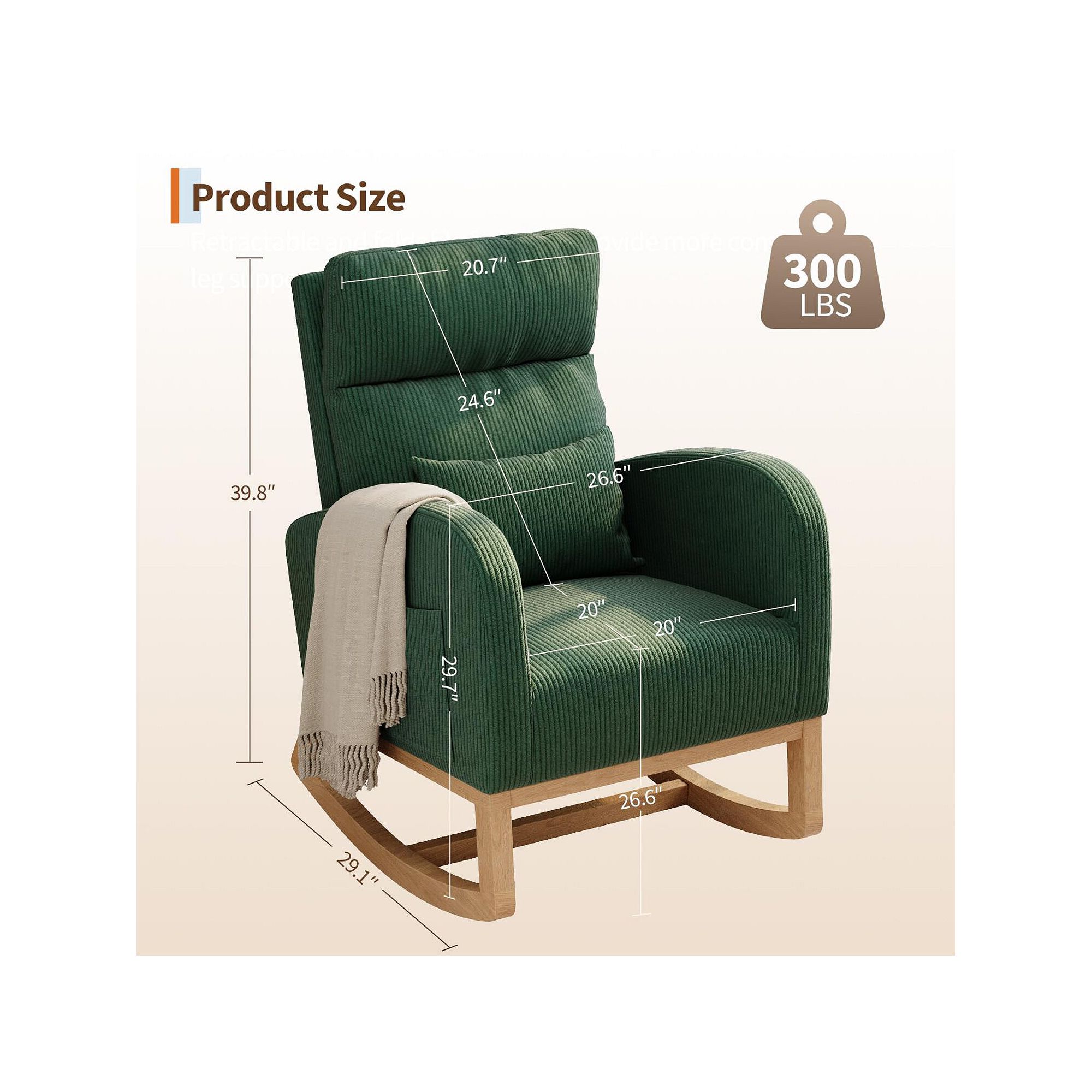Green upholstered rocking chair with wooden base showing dimensions and weight