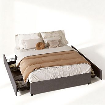 Fabric Upholstered Bed Frame with 4 Storage Drawers, Heavy-Duty Steel Frame
