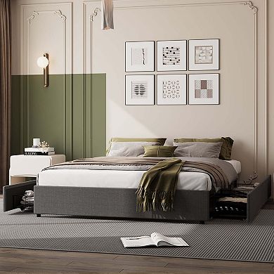 Fabric Upholstered Bed Frame with 4 Storage Drawers, Heavy-Duty Steel Frame