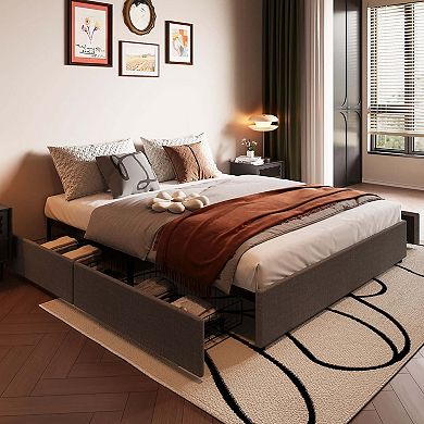 Fabric Upholstered Bed Frame with 4 Storage Drawers, Heavy-Duty Steel Frame