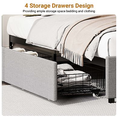 Fabric Upholstered Bed Frame with 4 Storage Drawers, Heavy-Duty Steel Frame