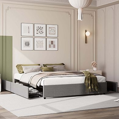 Fabric Upholstered Bed Frame with 4 Storage Drawers, Heavy-Duty Steel Frame