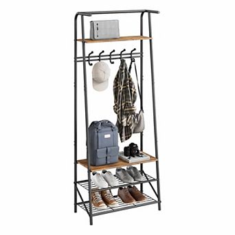 Hall Tree with 5 Hooks, 4-In-1 Entryway Coat Rack and Shoe Storage Bench