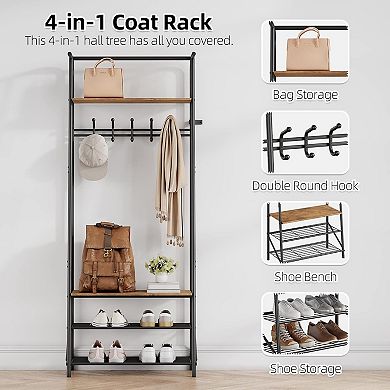 Hall Tree with 5 Hooks, 4-In-1 Entryway Coat Rack and Shoe Storage Bench