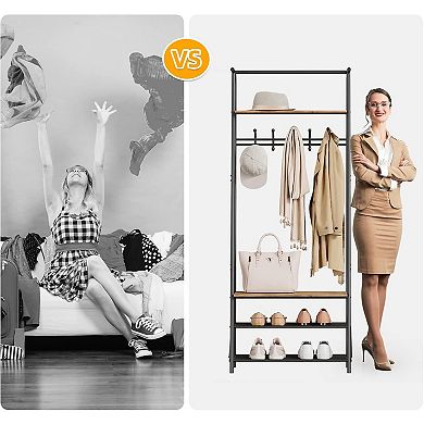 Hall Tree with 5 Hooks, 4-In-1 Entryway Coat Rack and Shoe Storage Bench