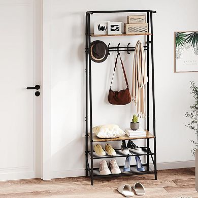 Hall Tree with 5 Hooks, 4-In-1 Entryway Coat Rack and Shoe Storage Bench