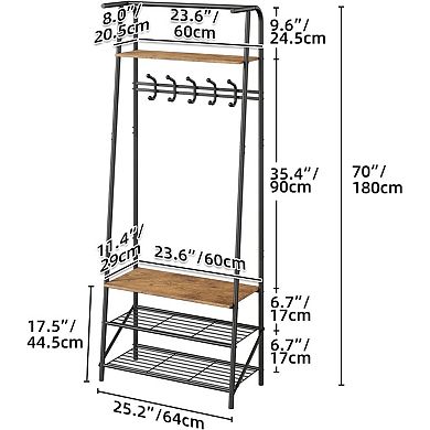 Hall Tree with 5 Hooks, 4-In-1 Entryway Coat Rack and Shoe Storage Bench