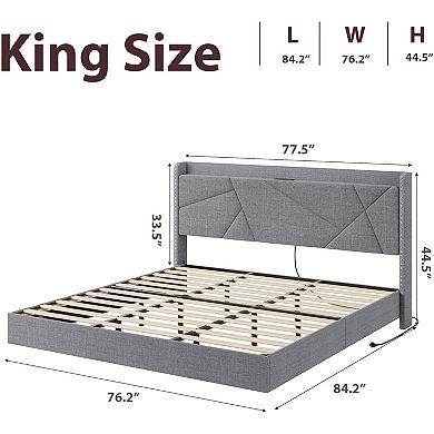Floating Bed Frame with LED Lights Charging Station Upholstered Platform Beds with Storage
