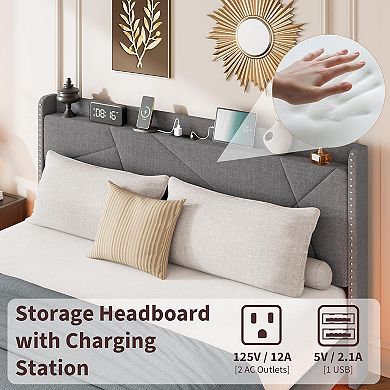 Floating Bed Frame with LED Lights Charging Station Upholstered Platform Beds with Storage