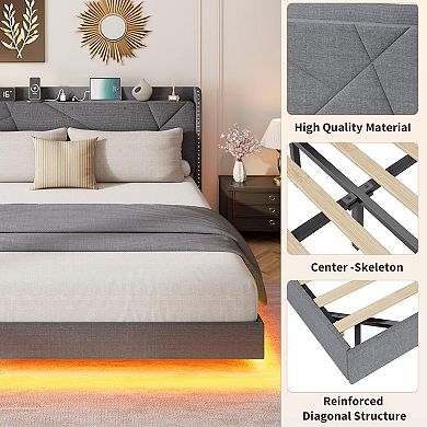 Floating Bed Frame with LED Lights Charging Station Upholstered Platform Beds with Storage