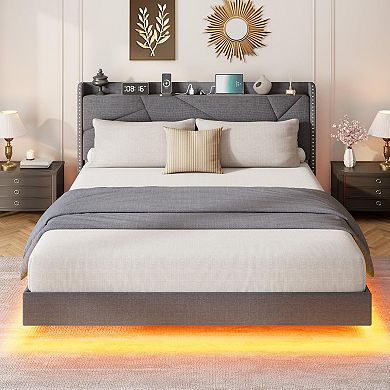 Floating Bed Frame with LED Lights Charging Station Upholstered Platform Beds with Storage