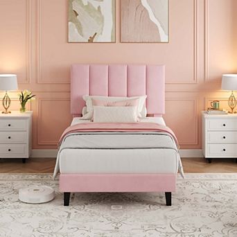 Velvet Platform Bed Frame with Adjustable Vertical Channel Tufted Headboard