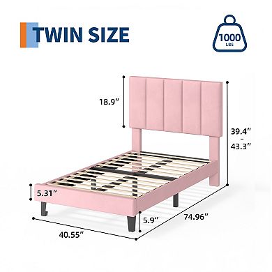 Velvet Platform Bed Frame with Adjustable Vertical Channel Tufted Headboard