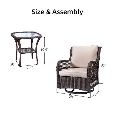 Swivel Rocker Patio Bistro Set with Cushioned Glider Rocking Chairs & Armored Glass Side Table