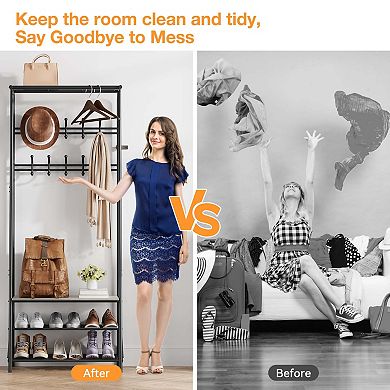 Hall Tree 4-In-1 Entryway Coat Rack with 5 Hooks and Shoe Storage Bench