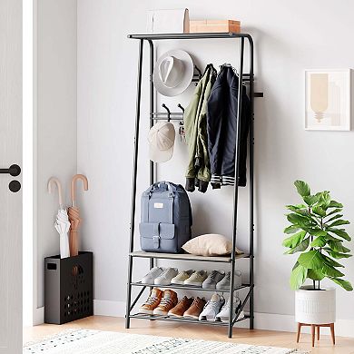 Hall Tree 4-In-1 Entryway Coat Rack with 5 Hooks and Shoe Storage Bench