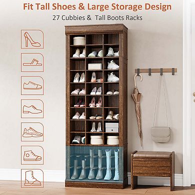 Shoe Storage Cabinet with 27 Cubbies and Tall Boot Racks,Tall Shoe Rack Organizer Cabinet
