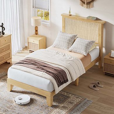 Rattan Bed Frame with Natural Rattan Headboard & LED Lights,Bed Frame with Solid Wood Foundation