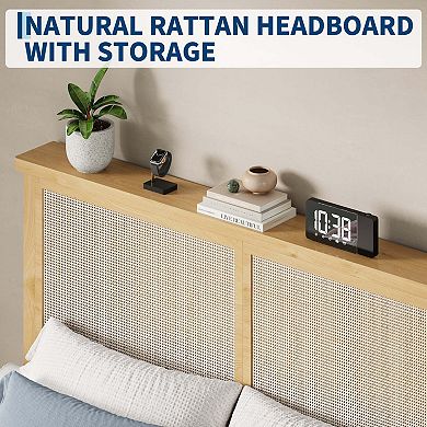 Rattan Bed Frame with Natural Rattan Headboard & LED Lights,Bed Frame with Solid Wood Foundation