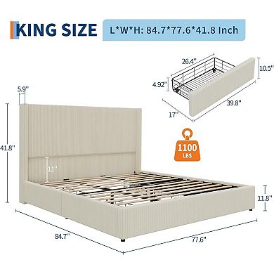 Upholstered Platform Bed Frame with Storage Drawers,Wingback with Tufted Headboard and Footboard