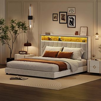 Upholstered Bed Frame with LED Lights and Charging Station,Platform Bed with Shelf Headboard