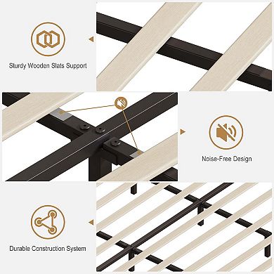 Upholstered Bed Frame with LED Lights and Charging Station,Platform Bed with Shelf Headboard