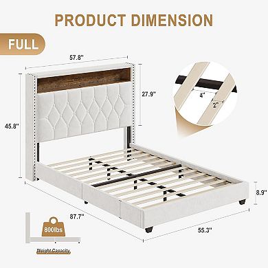 Upholstered Bed Frame with LED Lights and Charging Station,Platform Bed with Shelf Headboard